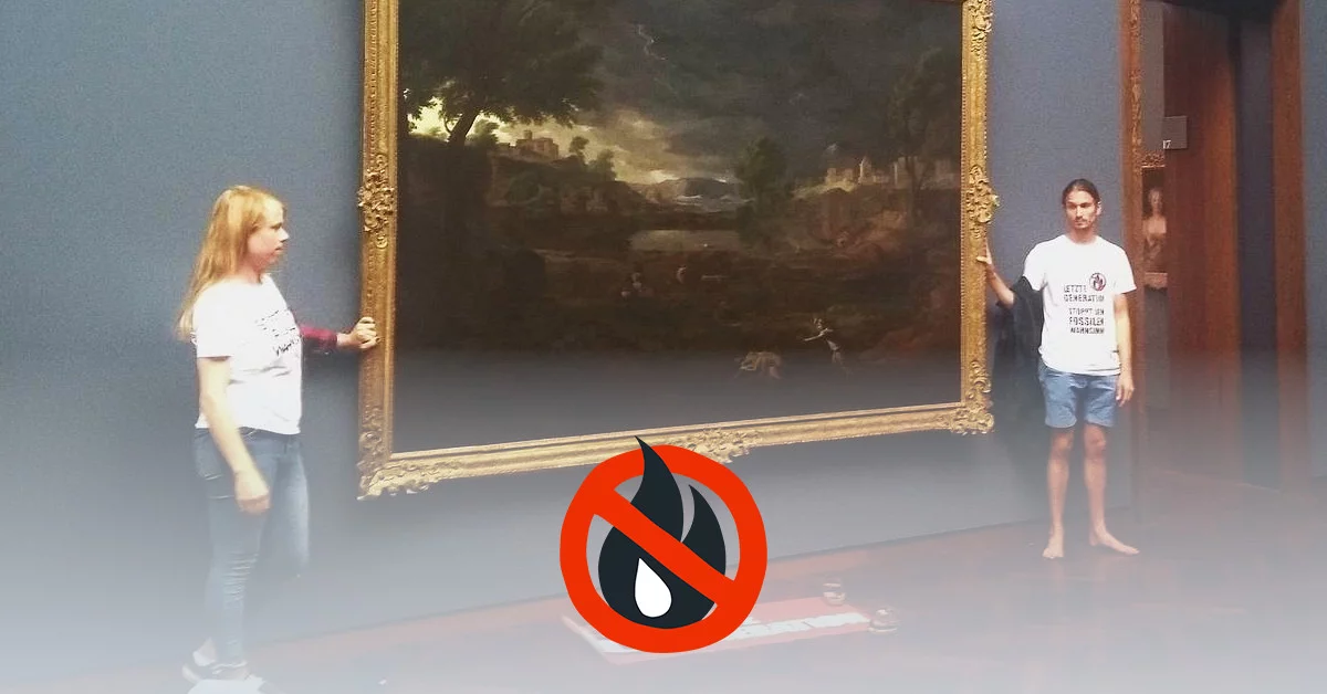 Two people stick their hands to the painting "Thunderstorm Landscape with Pyramus and Thisbe". They wear T-shirts with the inscription "Last Generation - Stop the Fossil Madness!". In front of them lies a banner of the Last Generation.