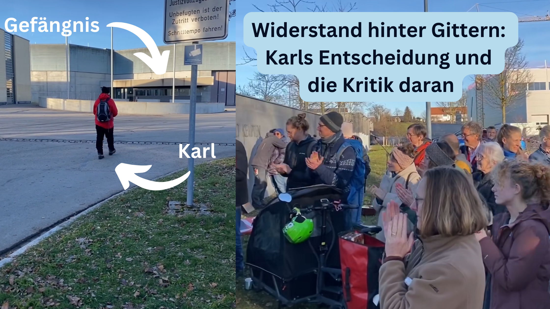 Ein zweigeteiltes Bild. Linke Bildhälfte: Karl läuft auf das Gefängnis zu. Rechte Bildhälfte: Viele Unterstützer*innen von Karl bei einer Mahnwache vor der JVA Kempten.